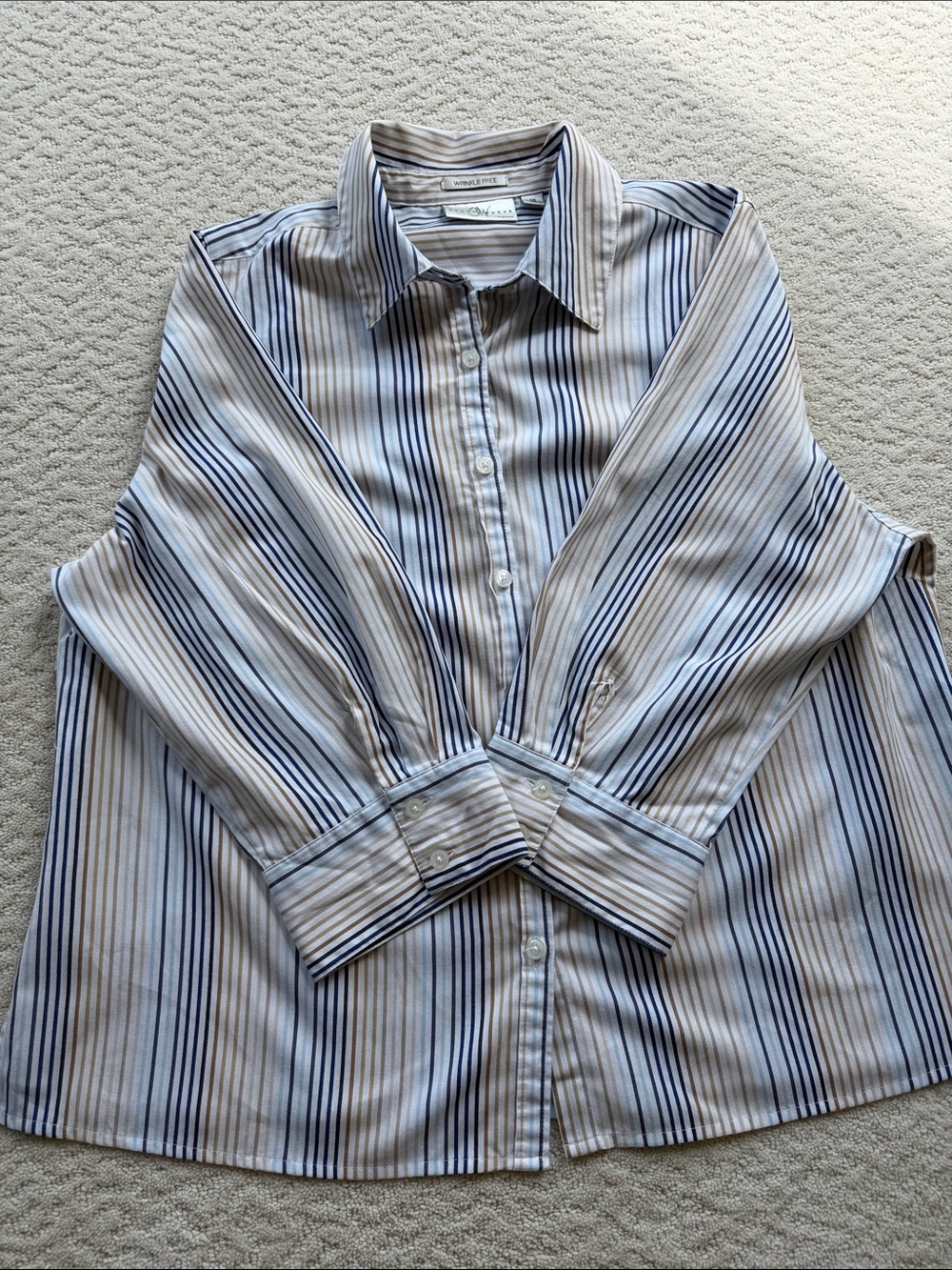 Studio Works White Button-Up Blouse with Blue and Beige Stripes
